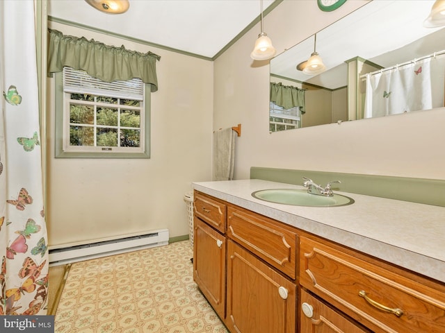 full bathroom featuring toilet, baseboard heating, crown molding, and vanity