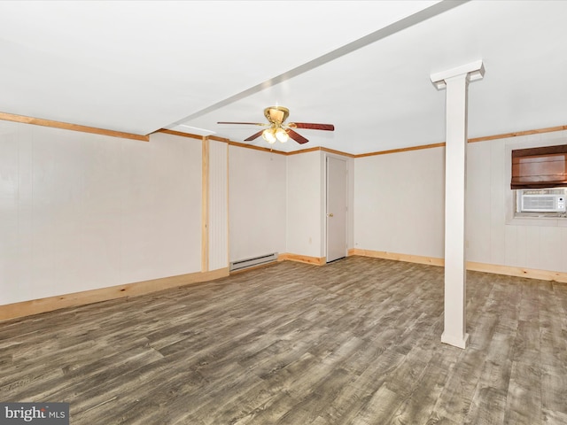 below grade area with cooling unit, ceiling fan, baseboard heating, and wood finished floors