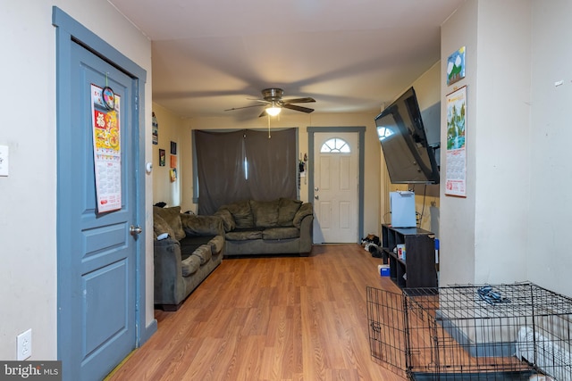 living room with hardwood / wood-style flooring and ceiling fan