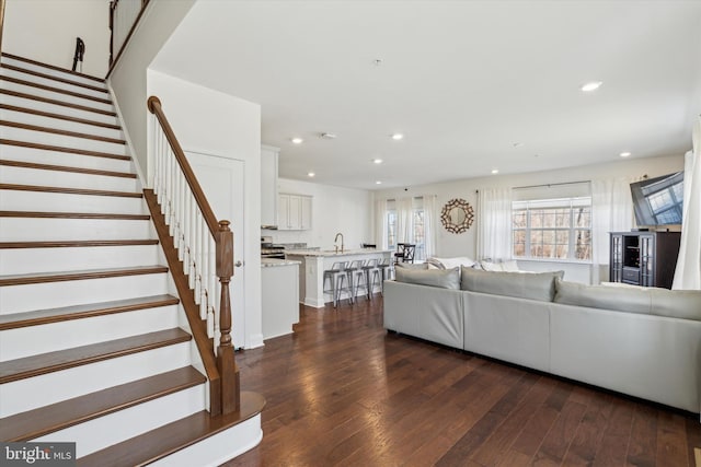 living room featuring sink and dark hardwood / wood-style flooring