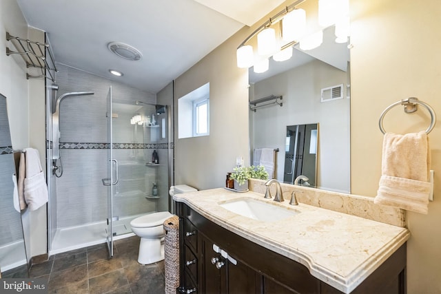 bathroom featuring vanity, vaulted ceiling, an enclosed shower, and toilet