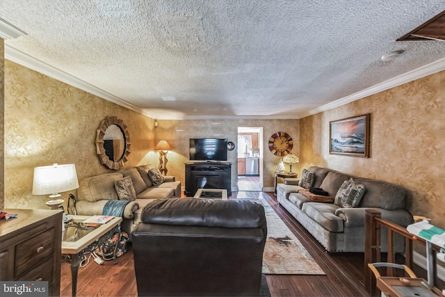 living room with ornamental molding, dark hardwood / wood-style floors, and a textured ceiling