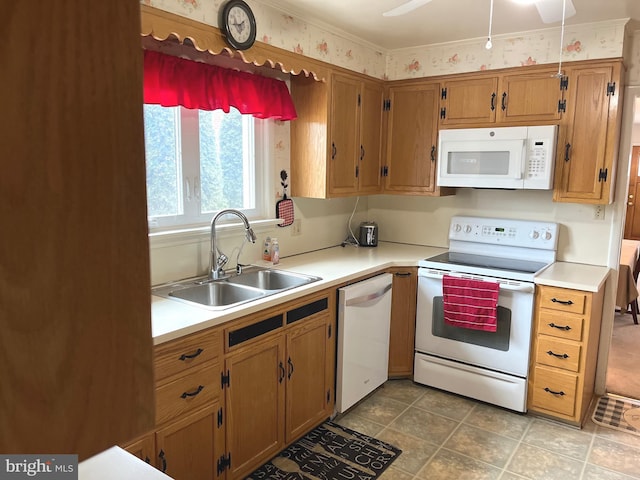 kitchen featuring ceiling fan, white appliances, and sink