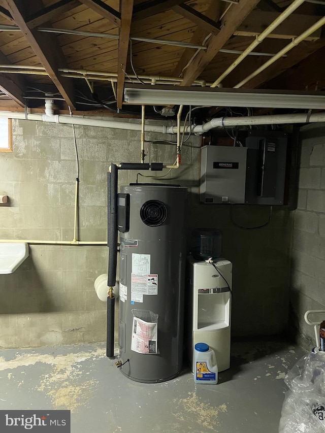 utility room with electric panel and water heater