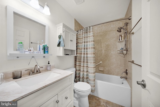 full bathroom with toilet, vanity, and shower / bath combo with shower curtain