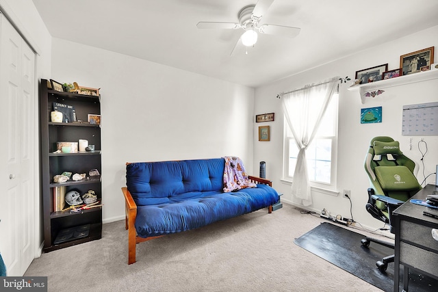 home office featuring ceiling fan and carpet floors