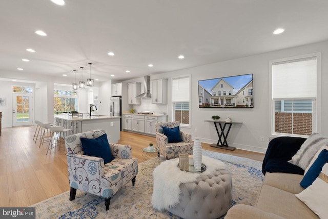 living room featuring sink and light hardwood / wood-style flooring