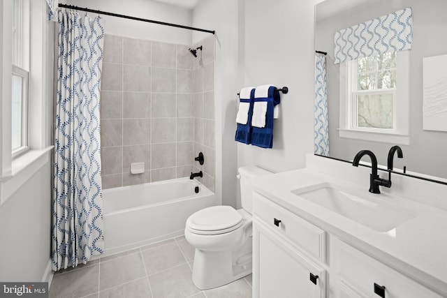 full bathroom featuring tile patterned flooring, vanity, shower / bath combination with curtain, and toilet