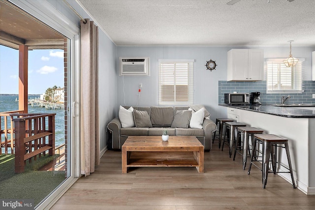 living room with light wood-type flooring, a healthy amount of sunlight, and a water view