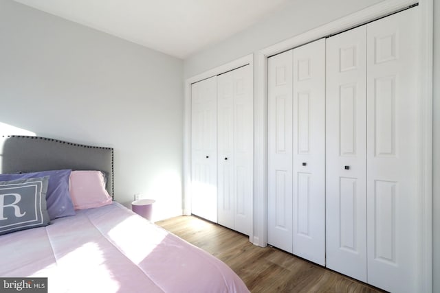 bedroom with wood-type flooring and two closets