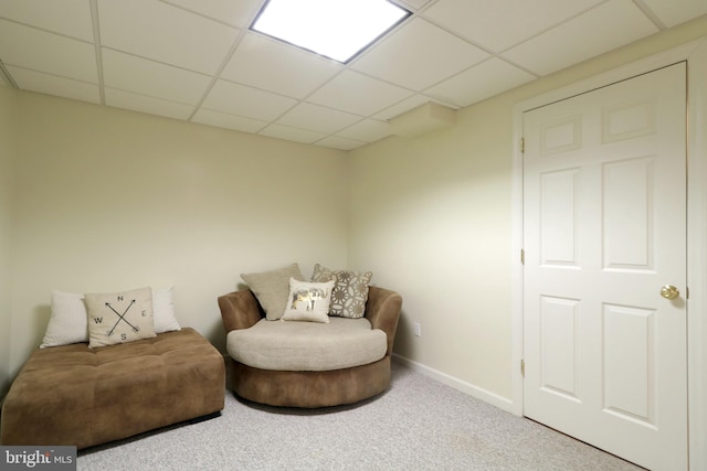 living area featuring carpet flooring and a drop ceiling