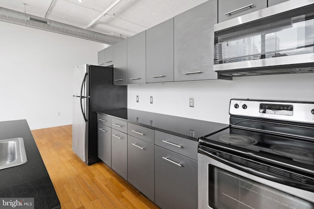 kitchen featuring appliances with stainless steel finishes, gray cabinets, sink, and light hardwood / wood-style flooring