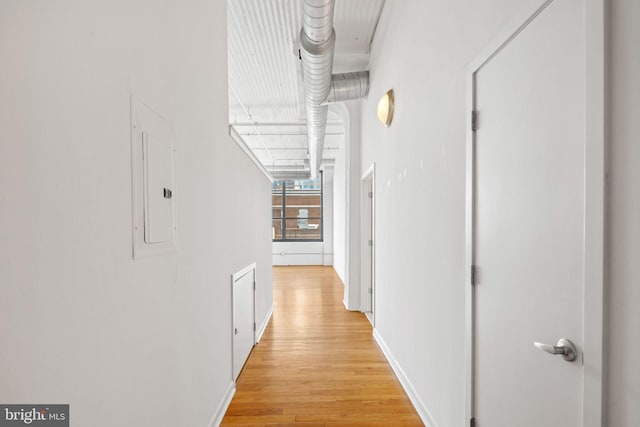hall with electric panel and light wood-type flooring