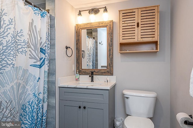 bathroom featuring vanity, curtained shower, and toilet