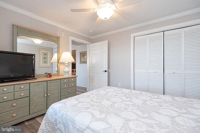 bedroom featuring dark wood-type flooring, ornamental molding, a closet, and ceiling fan