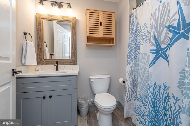 bathroom featuring hardwood / wood-style flooring, vanity, a shower with shower curtain, and toilet