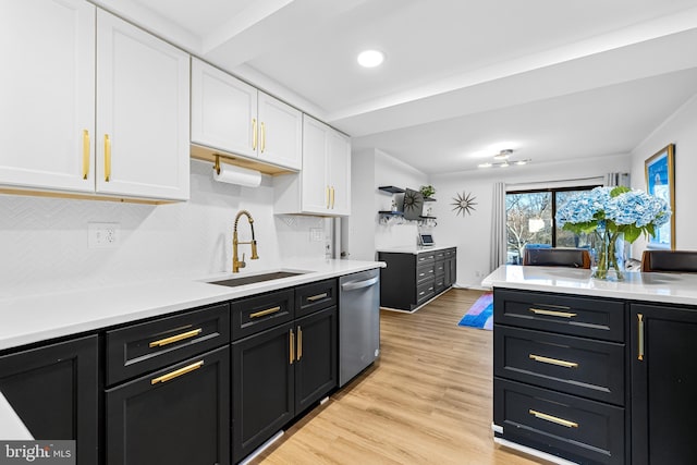 kitchen featuring sink, light wood-type flooring, stainless steel dishwasher, decorative backsplash, and white cabinets