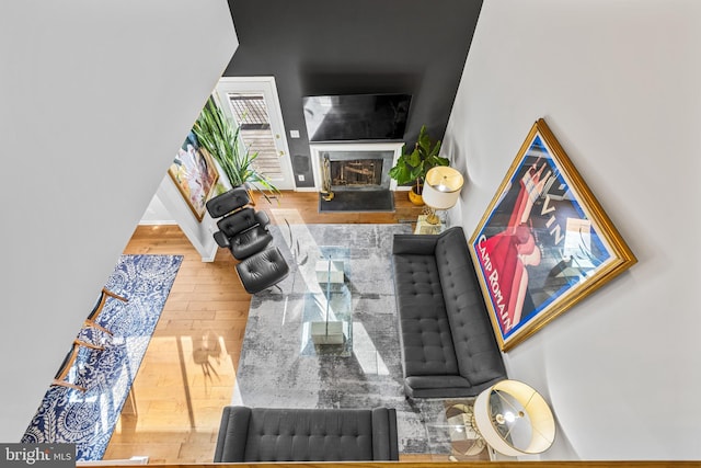 living room featuring hardwood / wood-style flooring and a premium fireplace