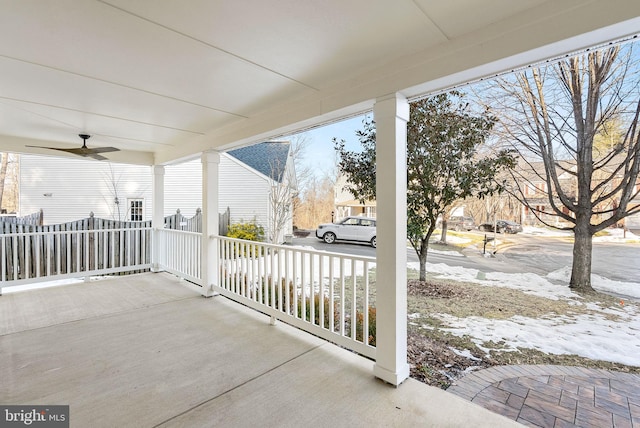 view of patio with a porch and ceiling fan