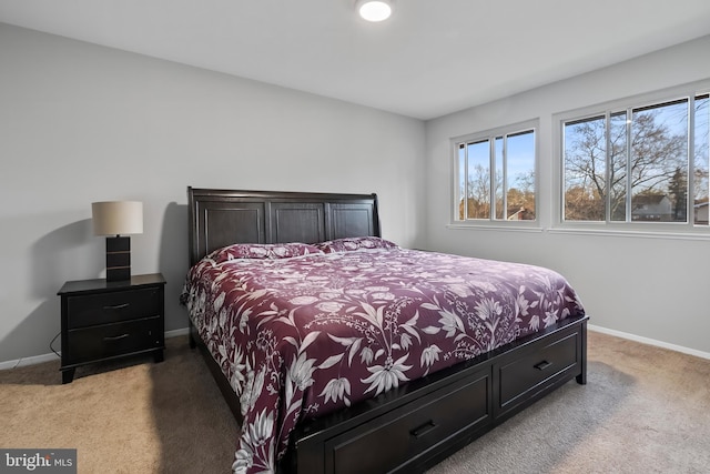 bedroom featuring multiple windows, baseboards, and light colored carpet