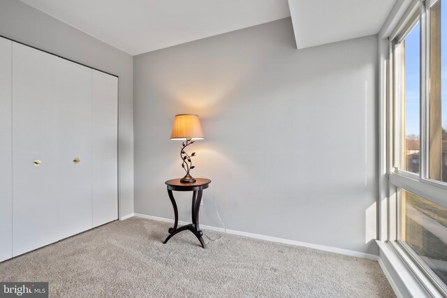 carpeted bedroom featuring a closet and baseboards