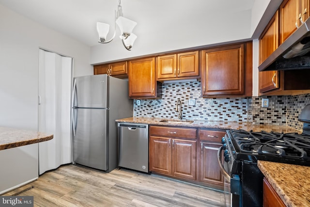 kitchen with light wood-type flooring, under cabinet range hood, a sink, backsplash, and appliances with stainless steel finishes