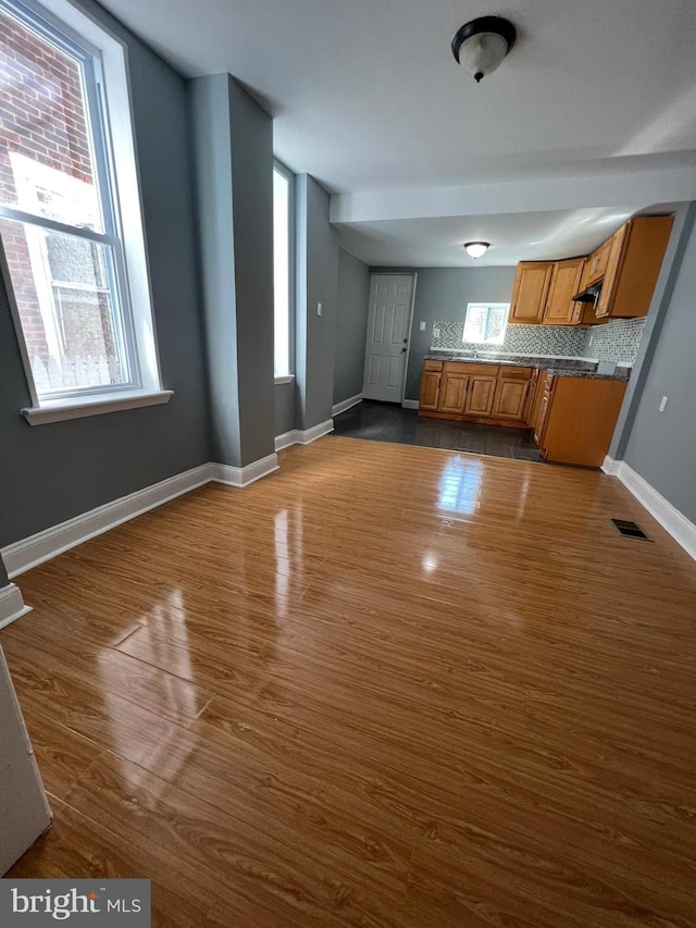 kitchen with backsplash, plenty of natural light, and dark hardwood / wood-style floors