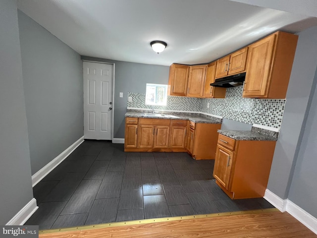 kitchen with dark wood-type flooring, sink, and backsplash