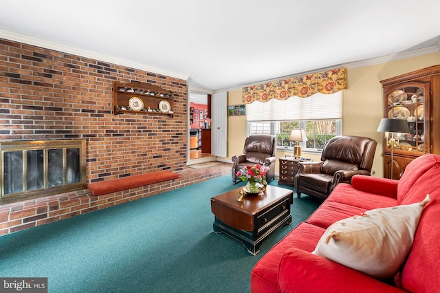 living room with a fireplace, brick wall, carpet flooring, and crown molding