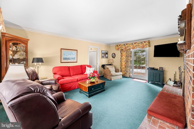 living room featuring carpet and ornamental molding