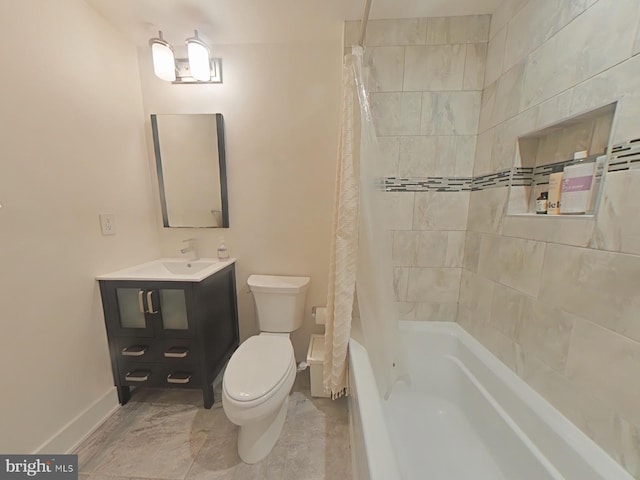 full bathroom with vanity, shower / bathtub combination with curtain, and toilet