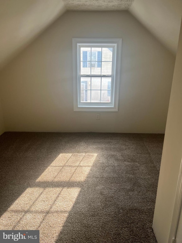 bonus room with lofted ceiling and carpet flooring