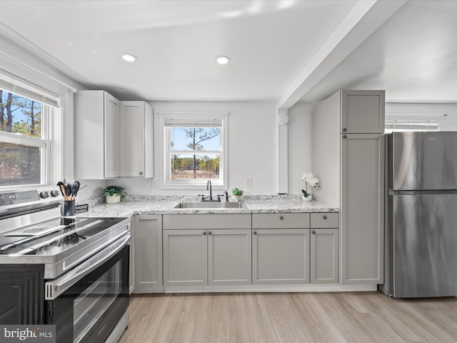 kitchen featuring light wood-style floors, plenty of natural light, appliances with stainless steel finishes, and a sink