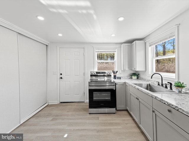 kitchen featuring light wood-type flooring, plenty of natural light, a sink, and stainless steel electric stove