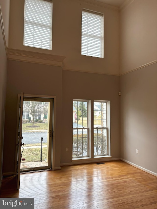 interior space with crown molding, plenty of natural light, a towering ceiling, and light wood-type flooring