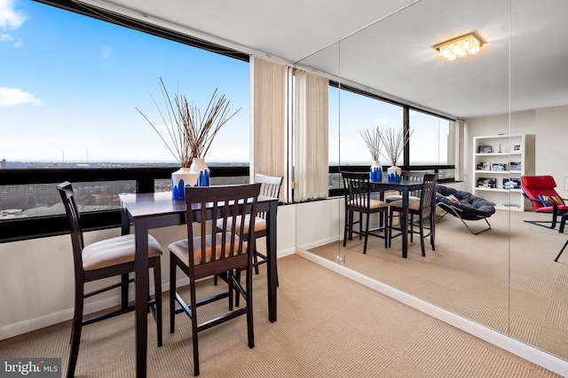 dining space featuring carpet floors and built in features