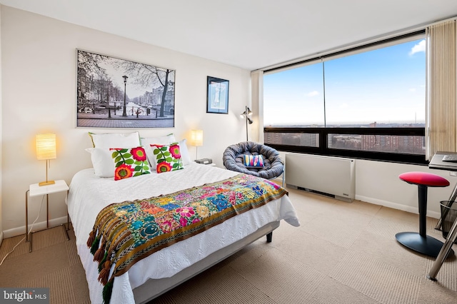 bedroom with radiator heating unit and light carpet