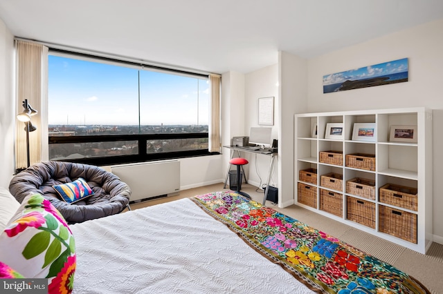 carpeted bedroom featuring radiator heating unit