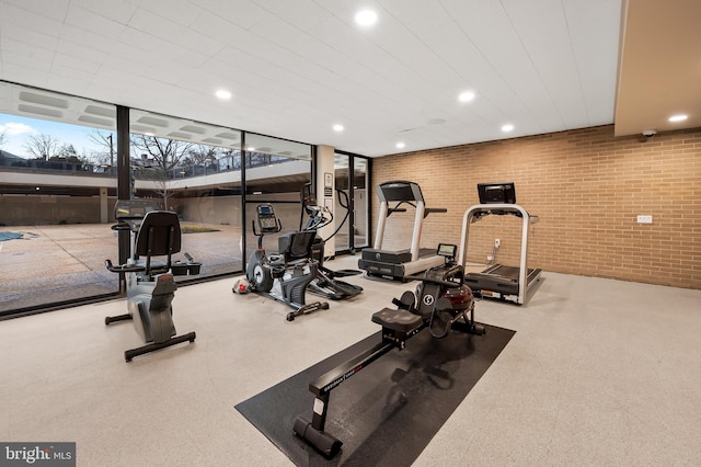 workout area featuring a wall of windows and brick wall