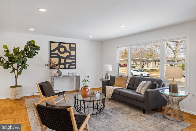 living room with parquet floors