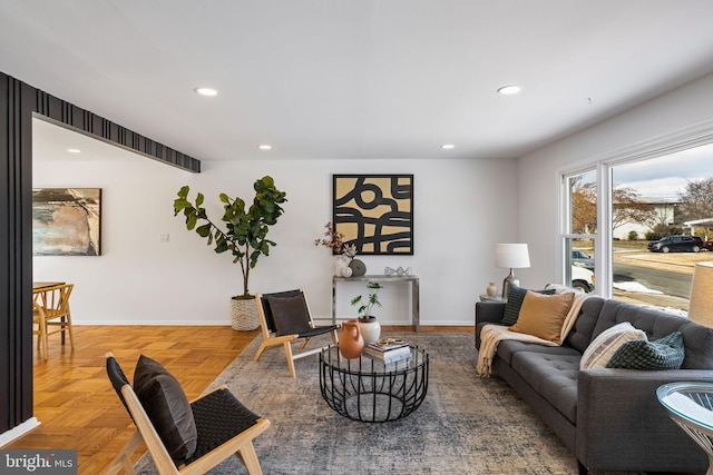 living room with parquet floors