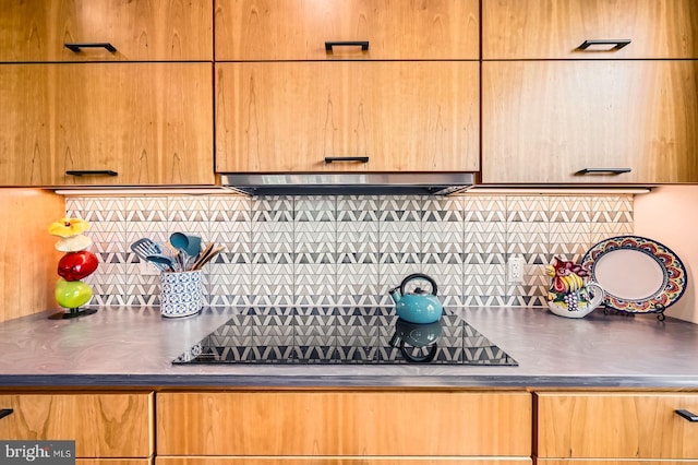 details featuring stainless steel counters, exhaust hood, and backsplash