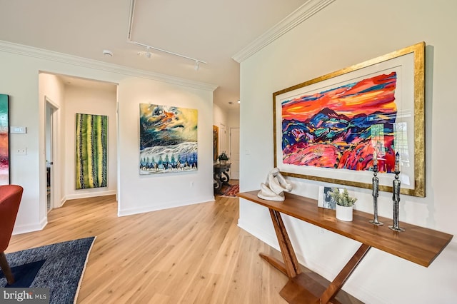 corridor featuring rail lighting, ornamental molding, light wood finished floors, and baseboards