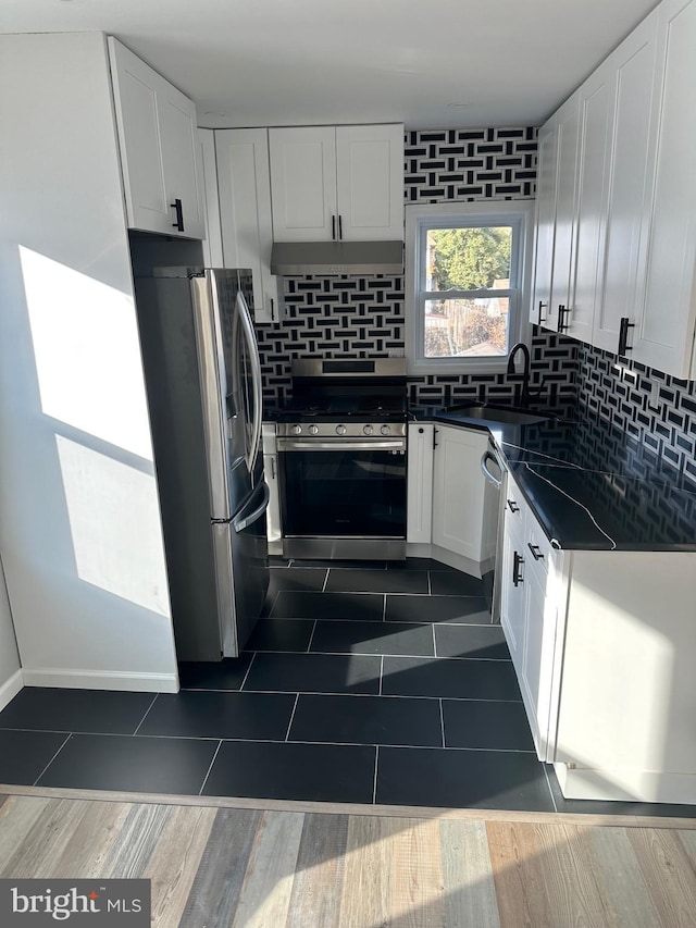 kitchen featuring under cabinet range hood, stainless steel appliances, a sink, tasteful backsplash, and dark countertops