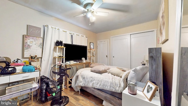 bedroom with a closet, wood finished floors, and a ceiling fan