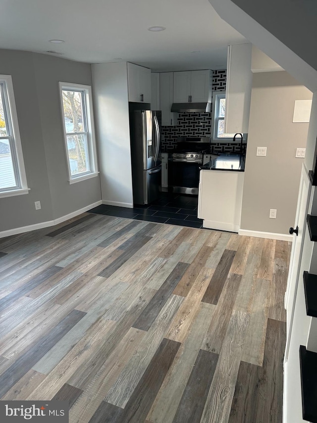 kitchen featuring tasteful backsplash, dark countertops, dark wood-style floors, stainless steel appliances, and under cabinet range hood