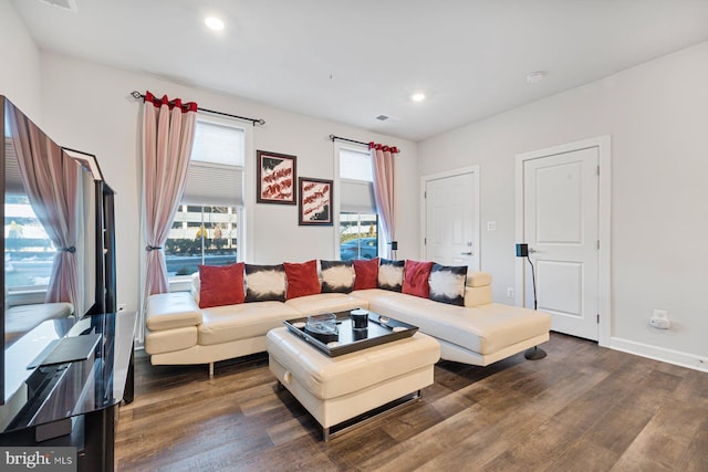 living room with dark hardwood / wood-style floors