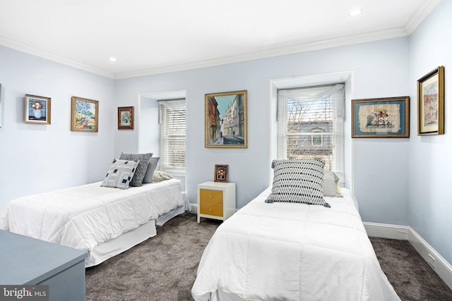 carpeted bedroom featuring ornamental molding