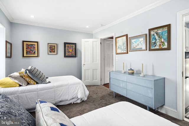 carpeted bedroom featuring ornamental molding