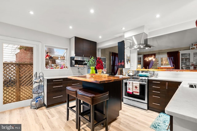 kitchen with stainless steel appliances, a breakfast bar area, dark brown cabinetry, and light hardwood / wood-style flooring